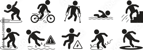 Accident and injury icons set collections. Emergency, trauma, safety, first aid vector illustration