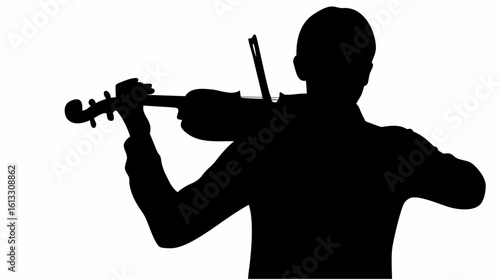Silhouette of a musician playing the violin with bow in hand against a plain white color background scene