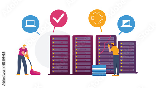 Server maintenance with technicians cleaning and checking with laptop and gear icons above servers