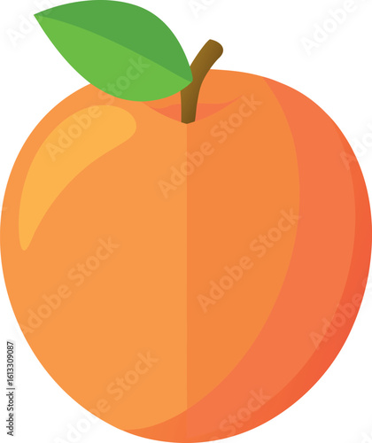 Vector art of a vibrant peach, with a single green leaf, isolated on white background, embodies the essence of summers bounty