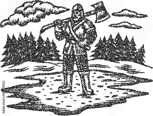 Lumberjack holding axe in forest, vintage woodcut hand drawn outdoorsman, rugged wilderness, woodland scene