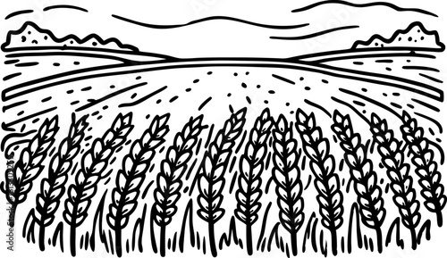 Wheat field illustration countryside landscape with grain crops, mountains and sky harvest agriculture rural scene