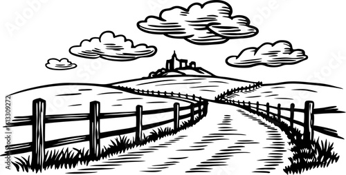 Rural country road with wooden fence, distant village, rolling hills and clouds in hand drawn landscape illustration