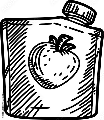 Strawberry juice pouch packaging sketch hand drawn fruit drink container, black and white illustration