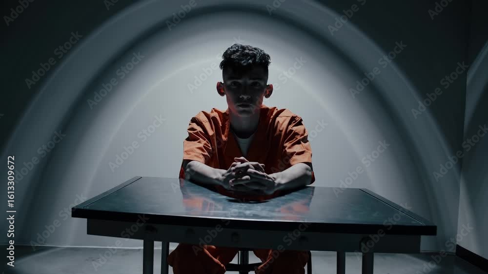 Prisoner sits alone during interrogation, prisoner waits under ...