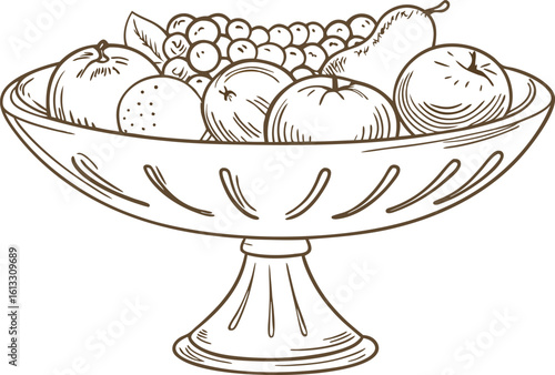 Elegant fruit bowl sketch with apples, grapes, pear, and citrus hand drawn line art isolated on white
