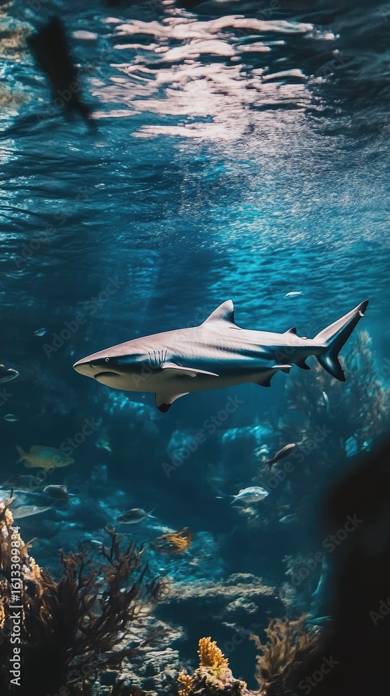 Fototapeta premium Majestic Shark in Deep Ocean: Underwater Elegance and Serenity