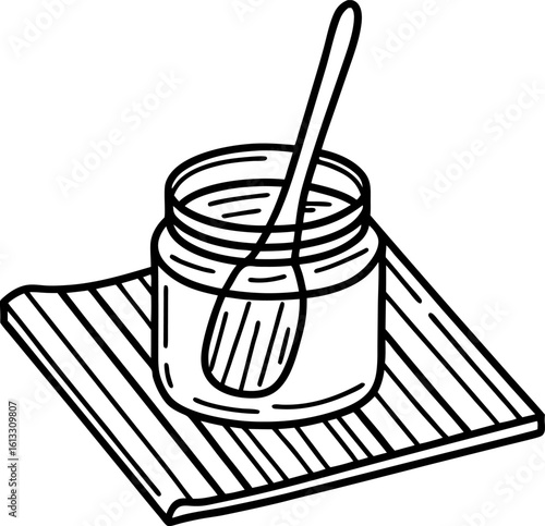 Glass jar with spoon and lid on kitchen towel simple line art illustration of homemade food preparation
