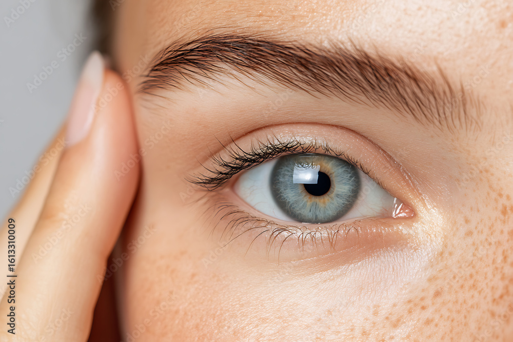 Obraz premium Close-up of a captivating blue eye with long lashes, framed by a natural eyebrow. Subtle freckles and a gentle touch enhance the image's focus on natural beauty.