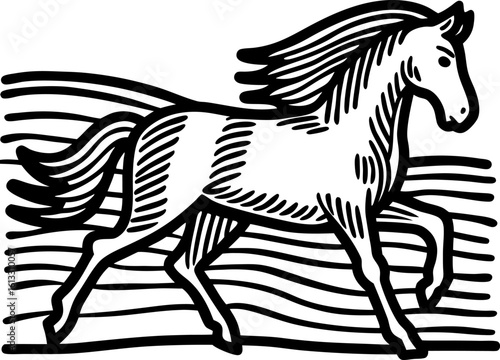 Elegant prancing horse illustration, vintage black and white line drawing, galloping equine silhouette art