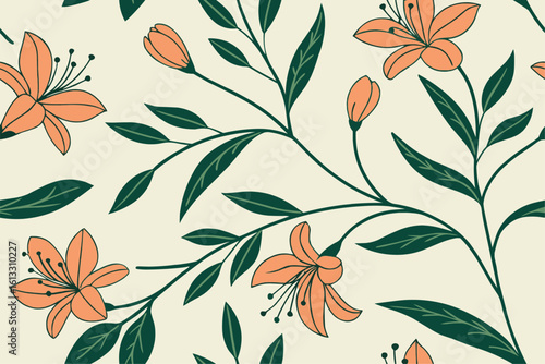 Delicate orange lily floral pattern on cream background