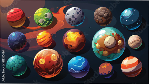 Colorful cartoon planets with detailed textures against a dark background perfect for educational or fantasy design projects