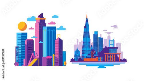 Dynamic cityscapes illustration with vibrant colors and modern design elements showcasing urban architecture and skyline views for innovative projects