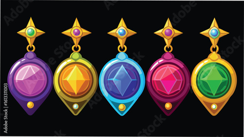 Colorful gemstone pendants in a set of five showcasing various jewel tones and detailed golden embellishments for design projects