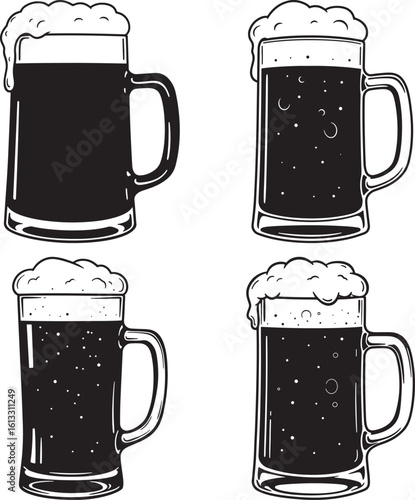 Four dark beer mugs with foam silhouette
