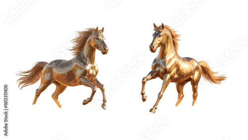 Elegant golden horses galloping, a powerful symbol of freedom and untamed spirit, perfect for artistic and decorative projects, gleaming against white