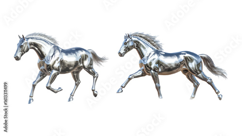 Majestic silver horses galloping across a bright white canvas symbolizing strength, elegance, and freedom in a modern and visually captivating design