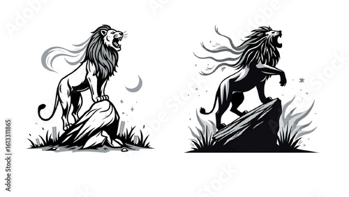 Roaring lion powerfully standing on rocks at night with a crescent moon, a symbol of strength and courage for your designs