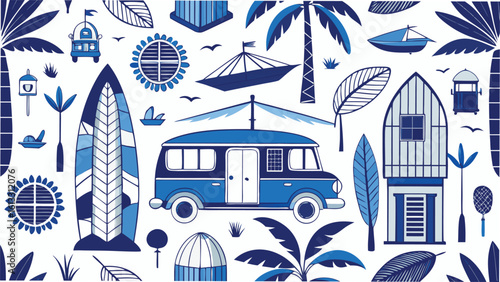 Delightful illustration with seaside elements on a transparent background suitable for tropical travel design concepts.