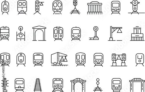 Train and railway line icons set, modern black outline transportation symbols, metro rail icons collection, transit design vector pack