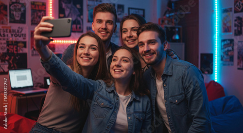 Joyful young friends capture a fun selfie moment together, creating lasting memories with smiles and laughter in a vibrant, neon lit room generative ai.