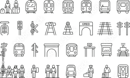 Train station outline icon set, public transportation symbols, subway metro elements, railway signal signs, passengers, minimal vector design