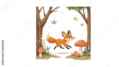 Adorable fox frolics through a charming woodland scene with whimsical mushrooms and playful wildlife, perfect for children's designs