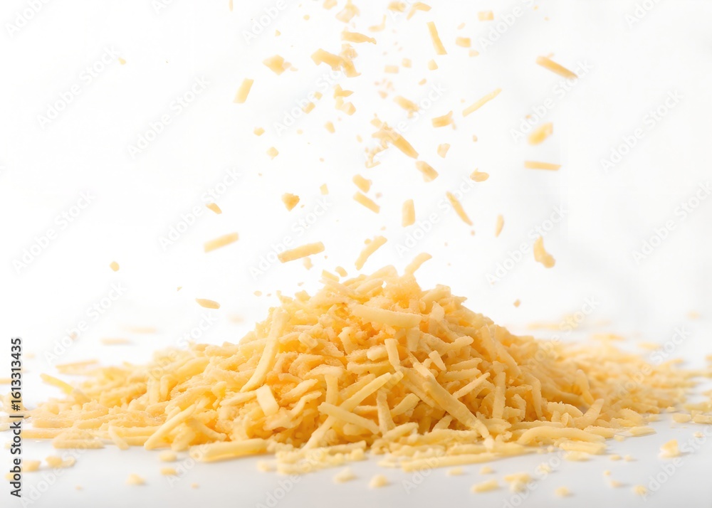 Obraz premium Shredded cheese crumbles falling isolated white background