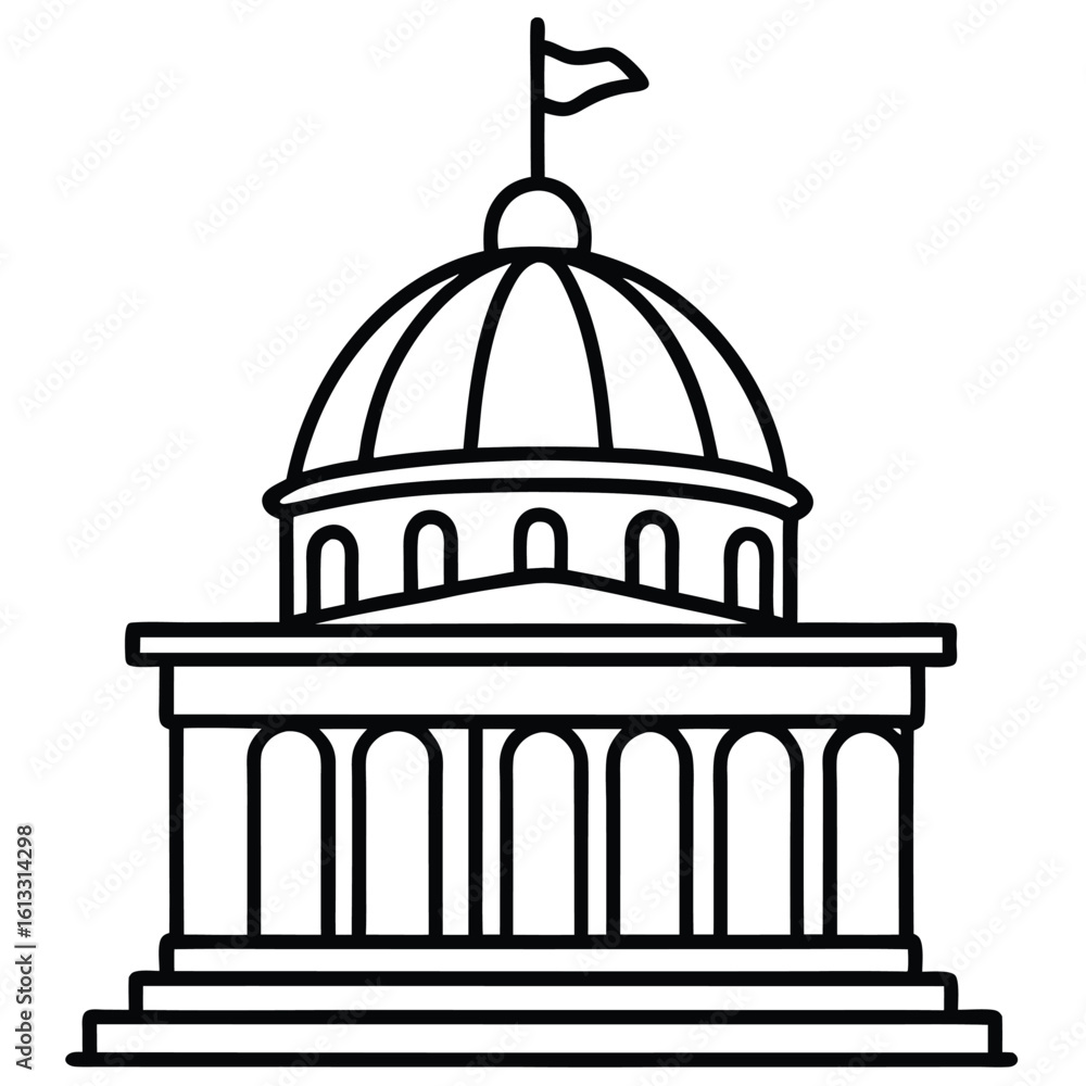 Obraz premium Simple Line Drawing of a Government Building with Dome and Flag architecture