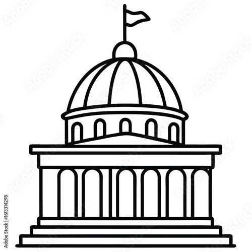 Simple Line Drawing of a Government Building with Dome and Flag architecture