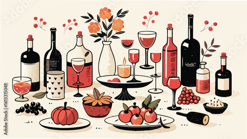 Elegant illustration featuring wine bottles glasses fruits flowers and candles in a simple and stylish decorative arrangement