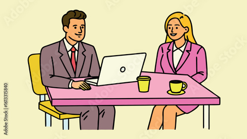 Business professionals discussing work at a desk with a laptop and coffee meeting discussion