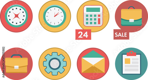 Business icons including clocks calculator briefcase mail gear and document time