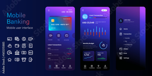 Mobile banking credit card wallet application transaction user interface mockup smartphone app digital bank dark mode ui layout