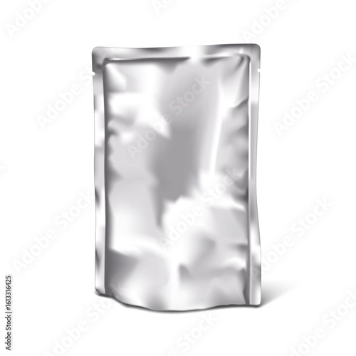 Silver aluminum foil stand-up pouch with tear notches. 3d mockup. Bottom gusseted bag. Realistic vector mock-up. Blank standup food package. Template for design