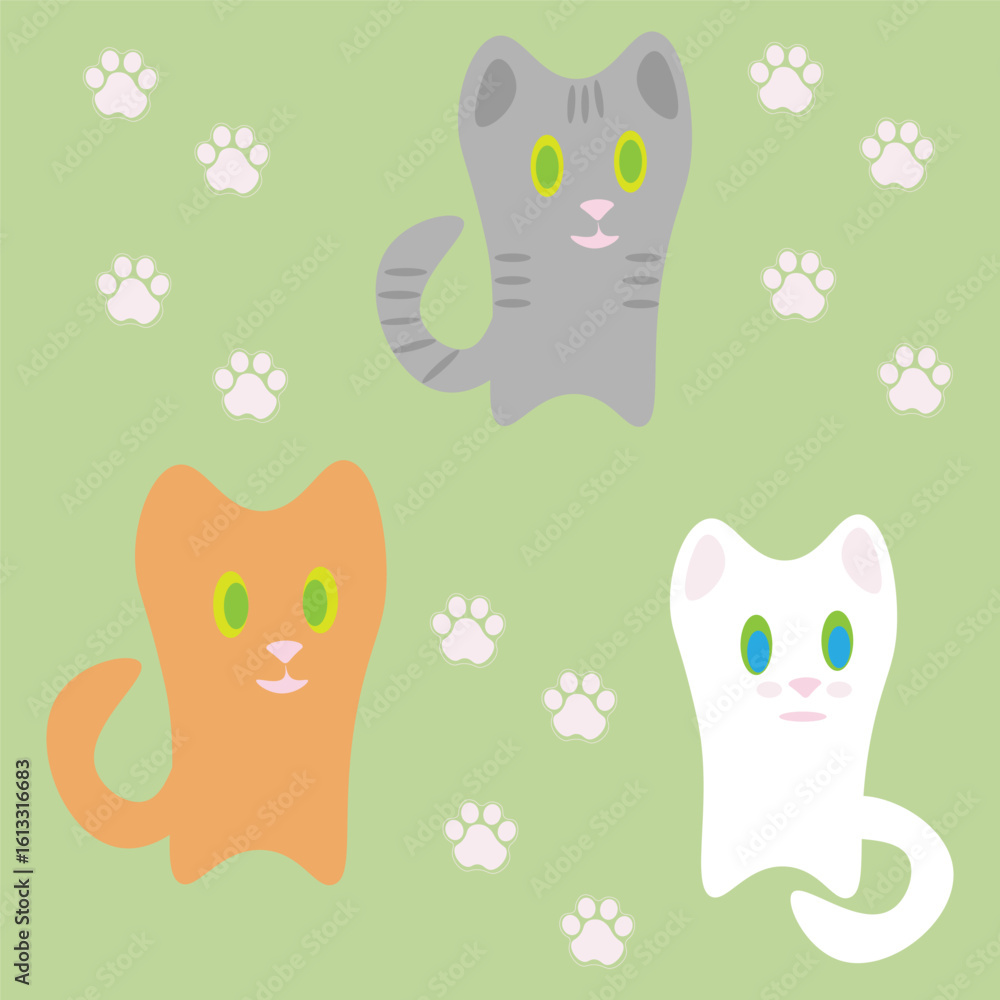 Obraz premium Three cute kittens, gray, white, and red. They are sitting on a green background