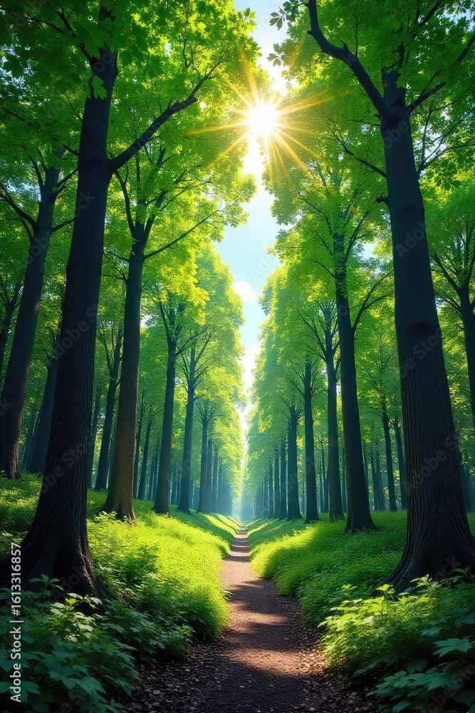 Obraz premium Majestic canopy of trees reaching towards a vibrant, azure sky Sunlight filters through leaves, creating dappled shadows on the forest floor A serene and peaceful natural landscape , green, shadows