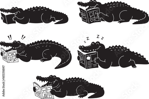 Five alligators reading books silhouette