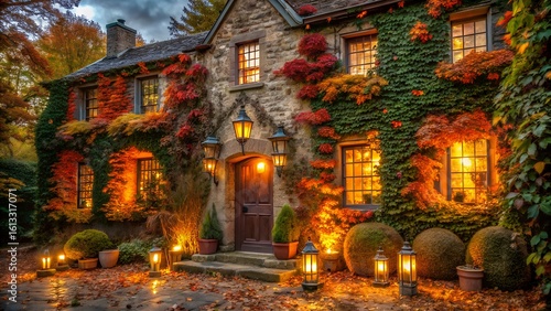 A charming stone house adorned with vibrant autumn ivy and glowing lanterns on a crisp fall evening