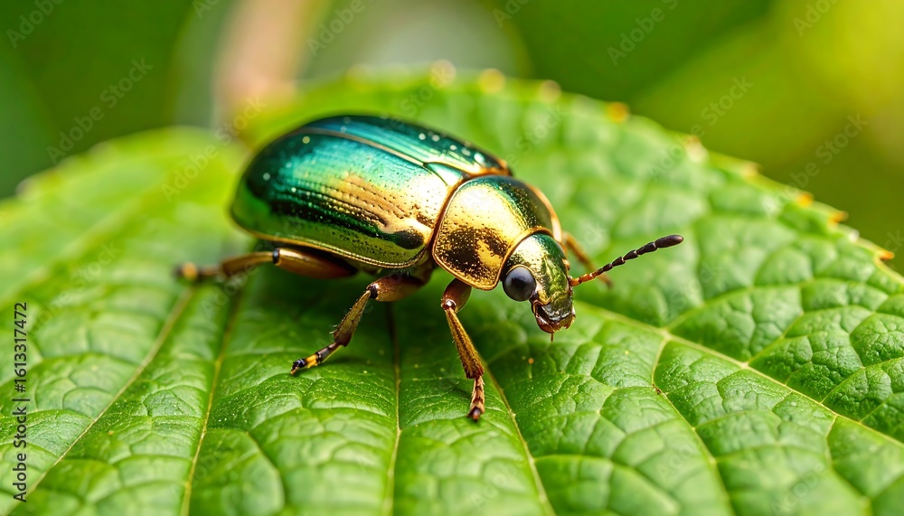 Macro close-up of a shiny green beetle resting on a vibrant green leaf Macro close-up of a shiny green beetle resting on a vibrant green leaf