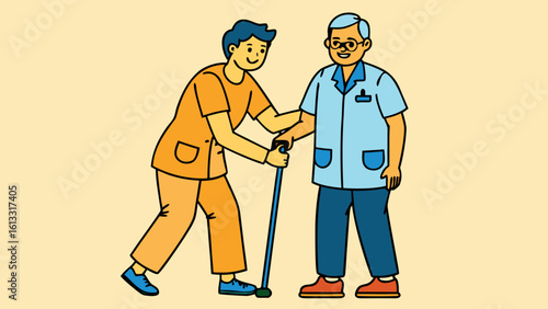 Young man assisting elderly man with cane assistance care