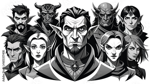 Group illustration depicting diverse fantasy characters with elven and demonic features in shades of gray on white background