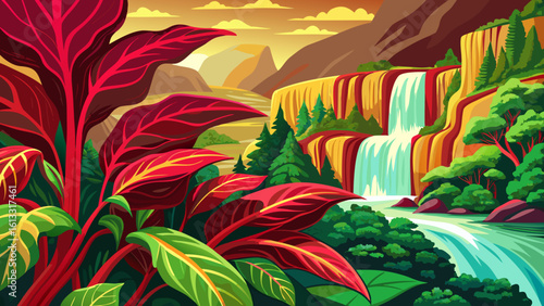 Beautiful Vivid red Amaranthus and spinach thriving near a waterfall trail in Coban  Pelangi