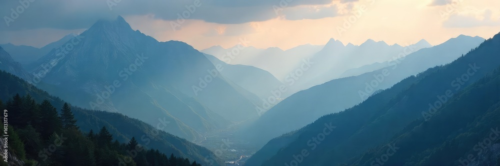 Fototapeta premium Misty mountain peaks shrouded in a smoky haze, creating an ethereal and mysterious atmosphere Sunlight filters through the clouds, illuminating the rugged terrain , travel, elevated