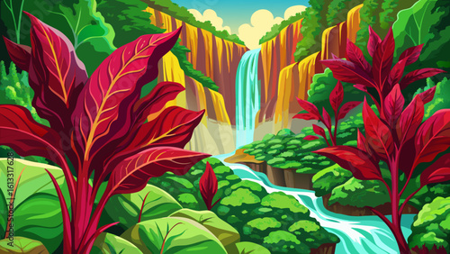 Beautiful Vivid red Amaranthus and spinach thriving near a waterfall trail in Coban  Pelangi