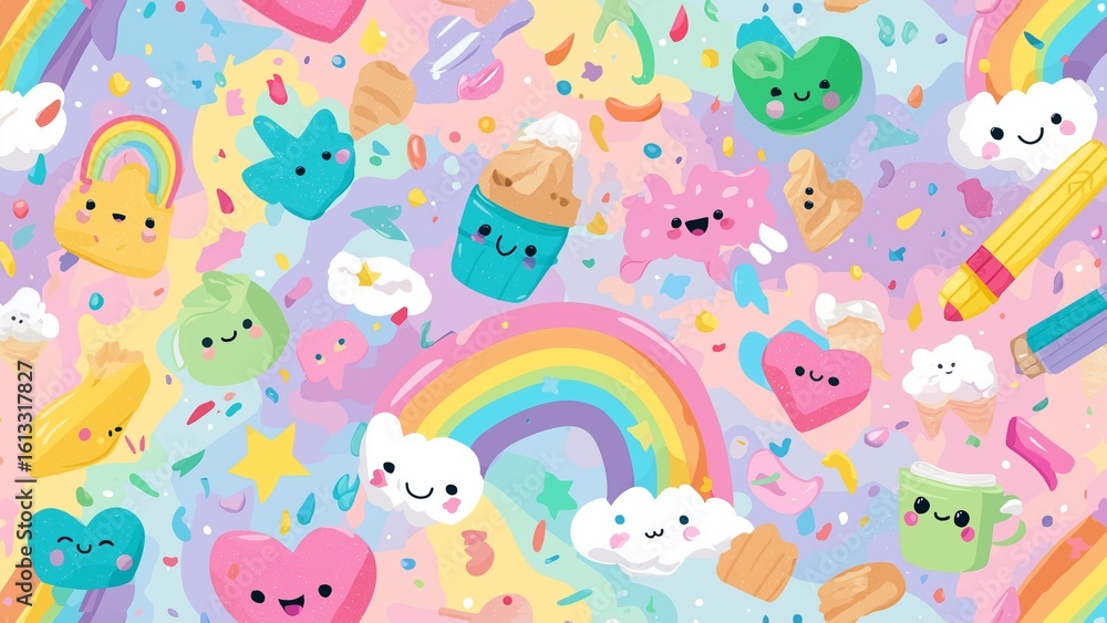 Obraz premium Doodle Pastel Seamless Art Pattern with Cute Expressions and Hearts