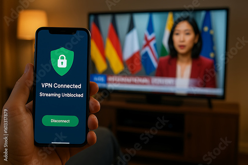 Hand Holding Smartphone with VPN Connected Status for Unblocked Streaming Content on TV