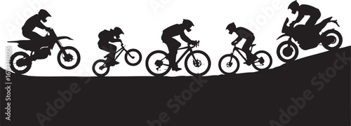 Silhouettes of riders on dirt bikes and bicycles on a hill motocross mountain bike