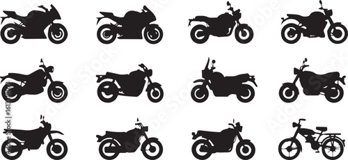 Twelve black motorcycle silhouettes on white motorbike white background