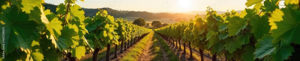 Fototapeta premium Rows of lush grapevines stretching across a sun-drenched hillside, ripe bunches hanging heavy, ready for harvest A picturesque vineyard scene, perfect for wine country imagery , leaves, ripening
